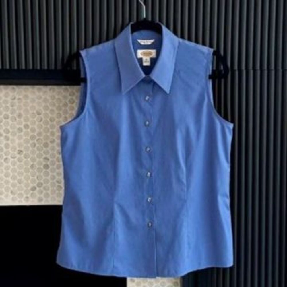 Talbots Sleeveless Perfect Shirt Blue Stretch Button Down Transitional Layer 10